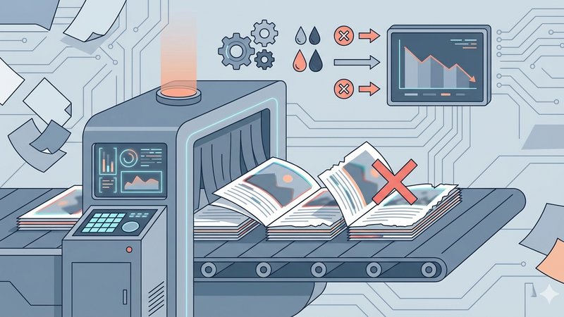 Современная иллюстрация оборудования для производства каталогов формата А5, чистый стиль, без текста.